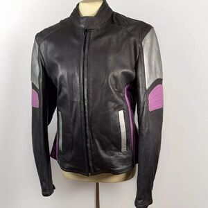 UNIK Leather Women Large Black Purple Silver Motorcycle Cafe Racer Jacket Biker